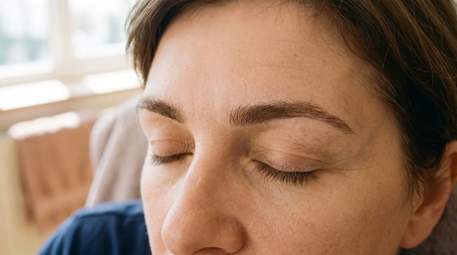 Close-up of a brow artist mapping and combing through a client’s brows before shaping