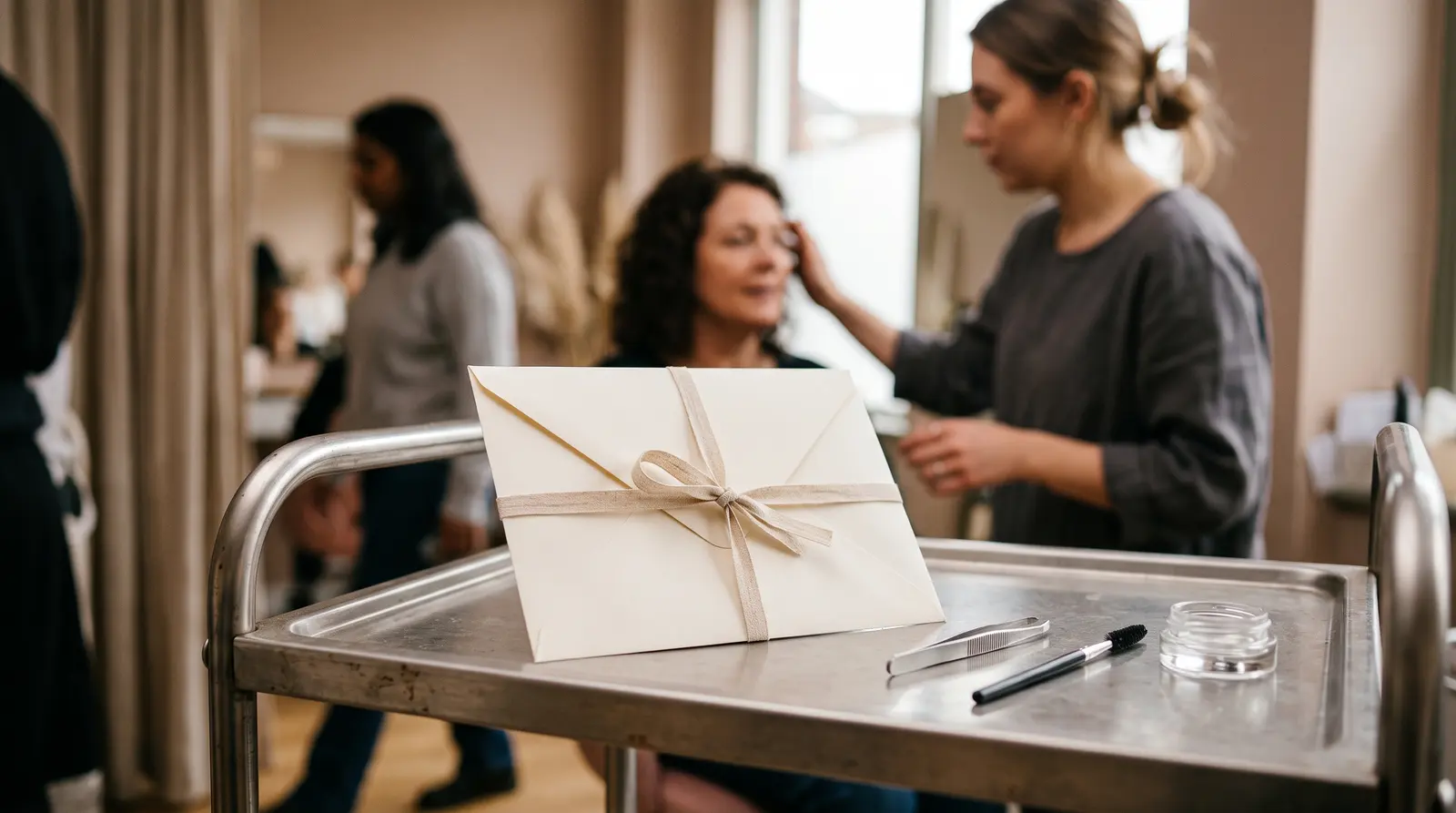 A cream gift envelope tied with a ribbon on a brow-studio station beside plain tools