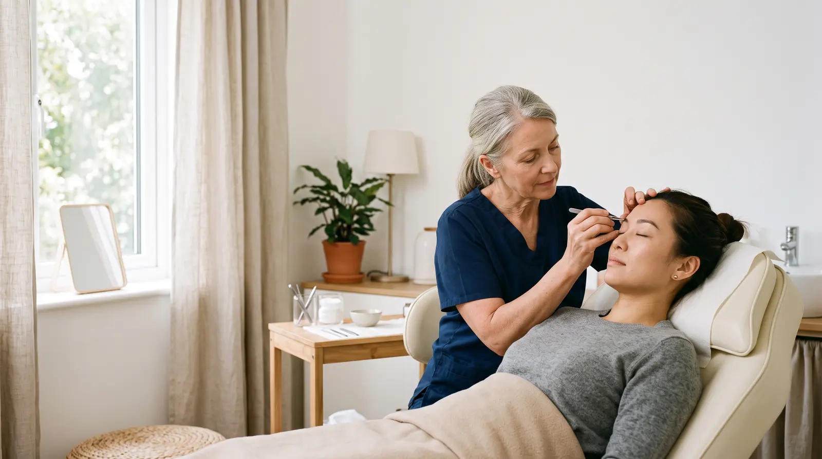 A brow artist shaping and grooming a client’s brows at a treatment couch in a bright, calm studio