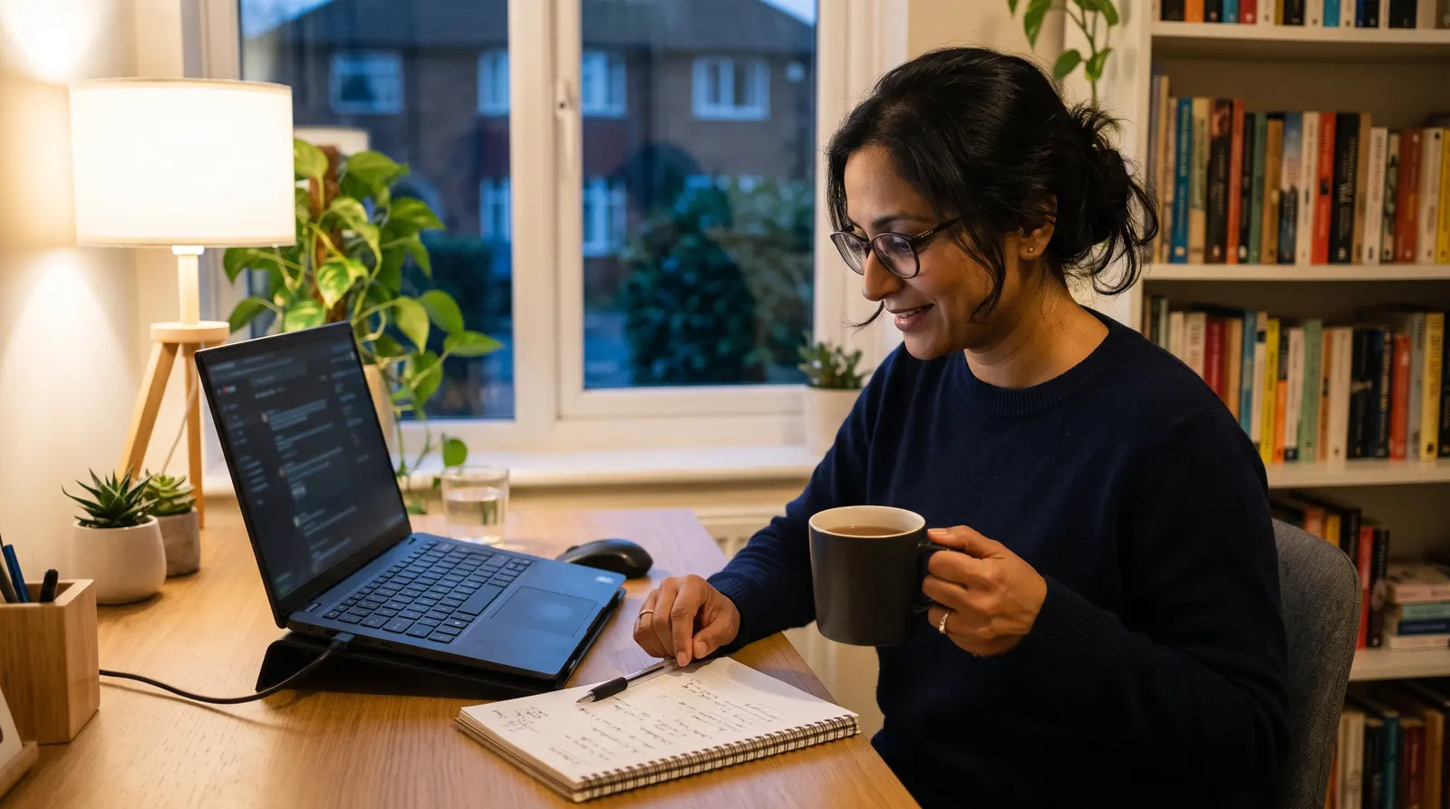 A business coach at a desk in the evening planning the week with a cup of tea, screen angled away