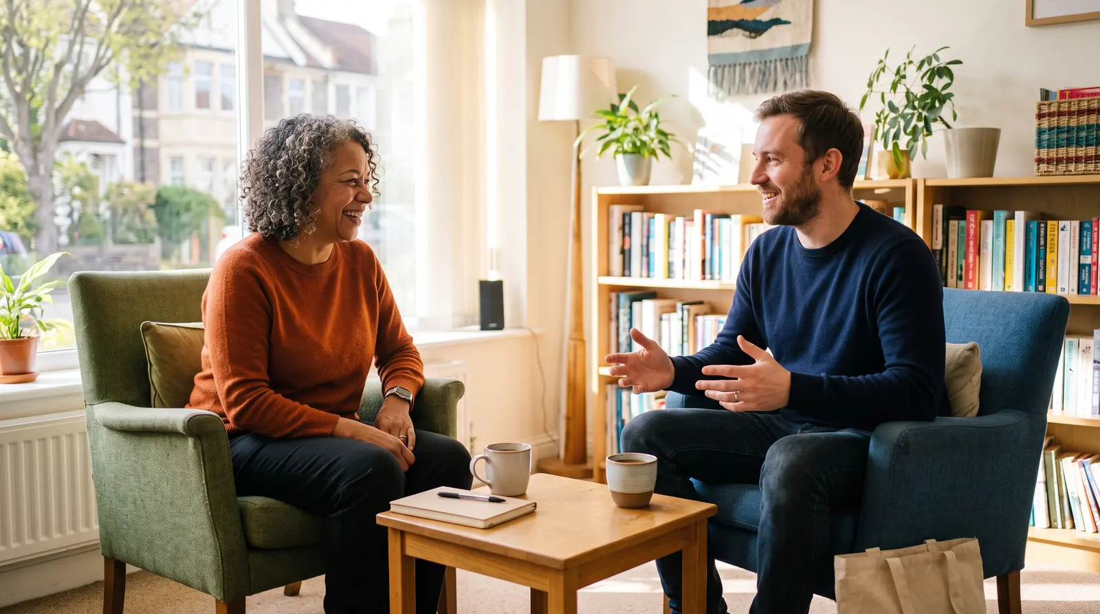 A business coach and a prospective client having a first chat over coffee in a bright office