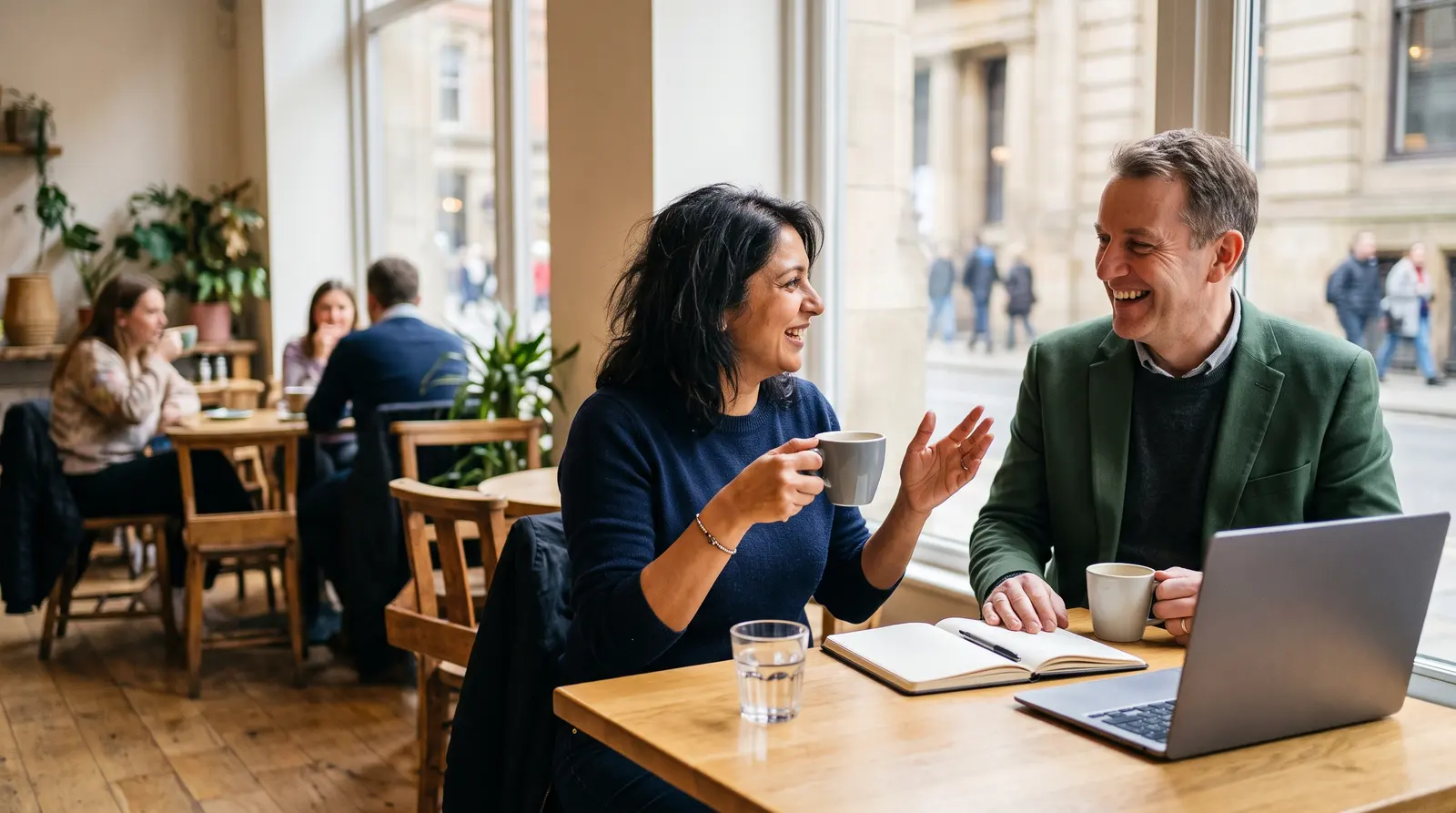 A business coach and a small-business owner talking through a plan at a table in a bright office, both focused