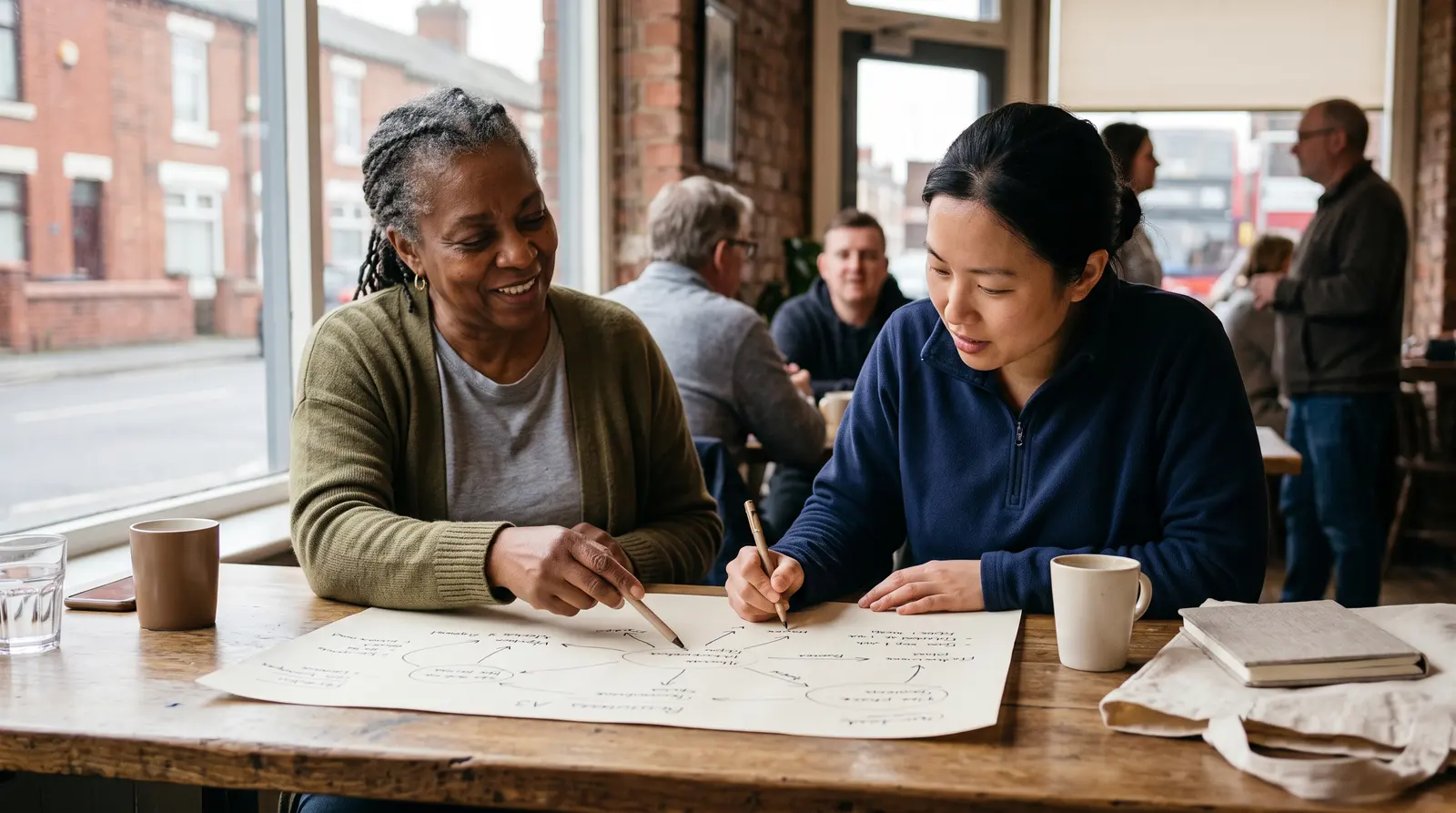 A business coach and a client working through notes at a table in a calm, sunlit office