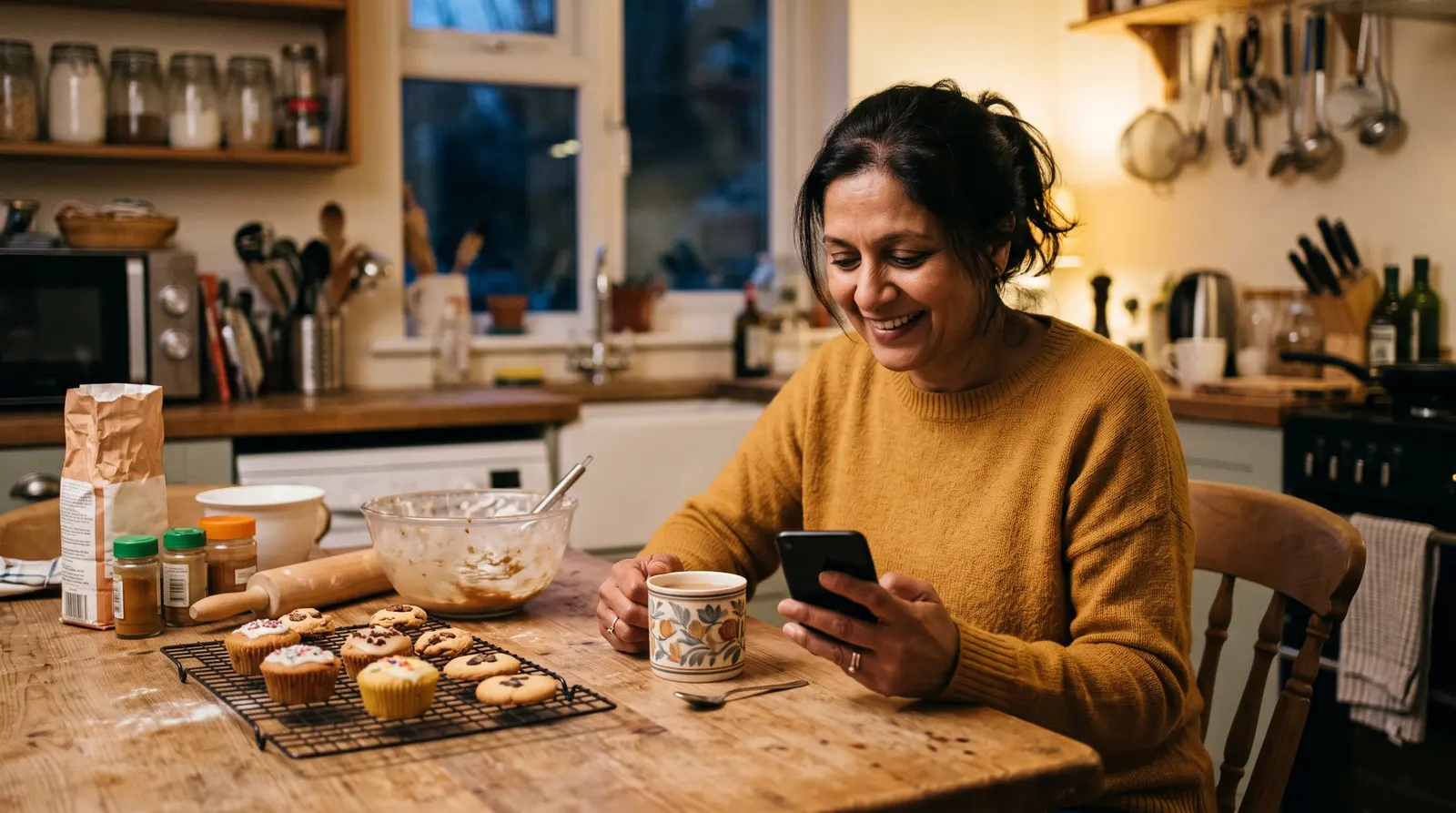 A cake maker at a kitchen table sending an invoice from a laptop, a cup of tea beside her