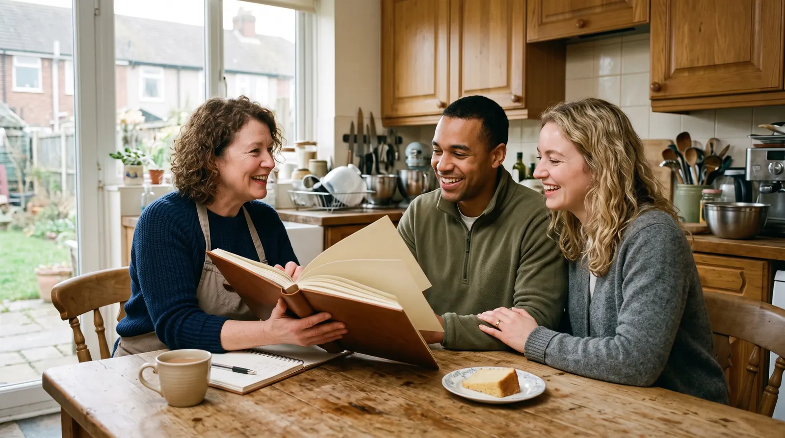 A cake maker talking through a design with a customer at a kitchen table