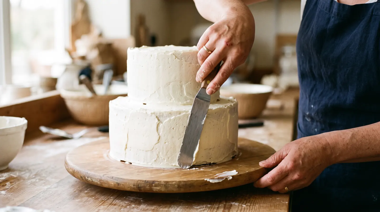 A cake maker carefully piping detail onto a tiered cake