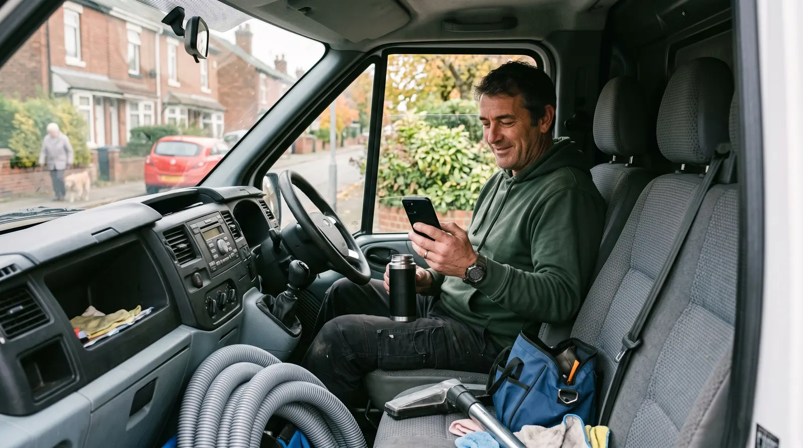 A carpet cleaner in his van between jobs checking his phone with a coffee