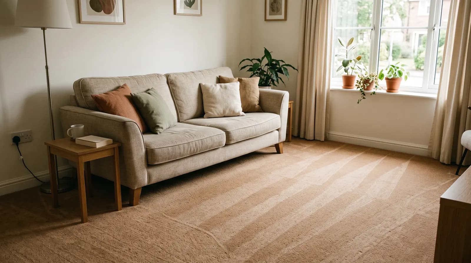 A freshly cleaned living-room carpet with clean stripes catching the light