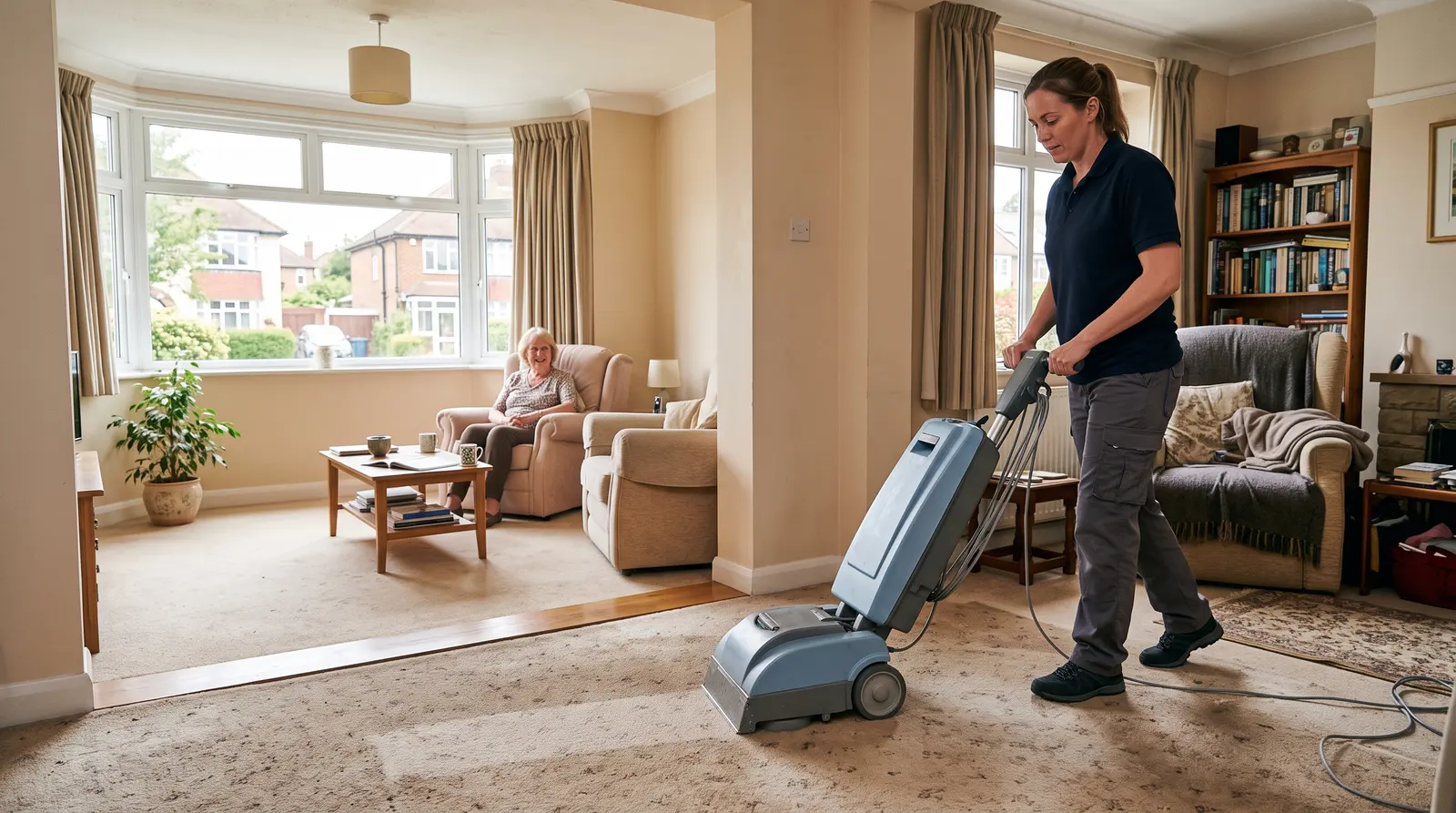 A carpet cleaner running a professional machine across a living-room carpet in a bright UK home, leaving clean stripes
