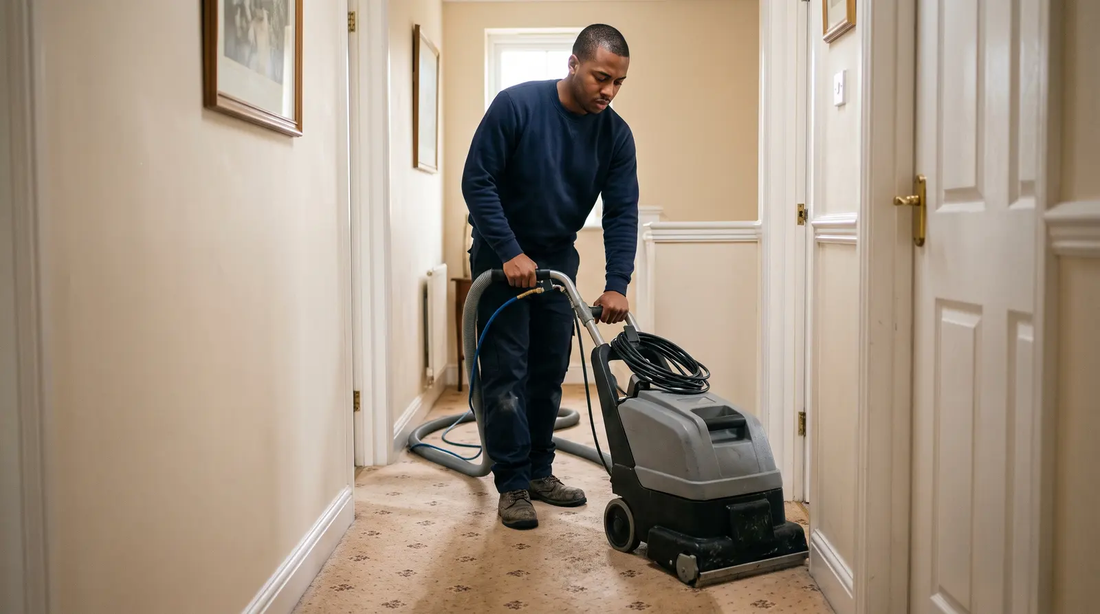 A carpet cleaner working a stubborn mark on a stair carpet with a hand tool