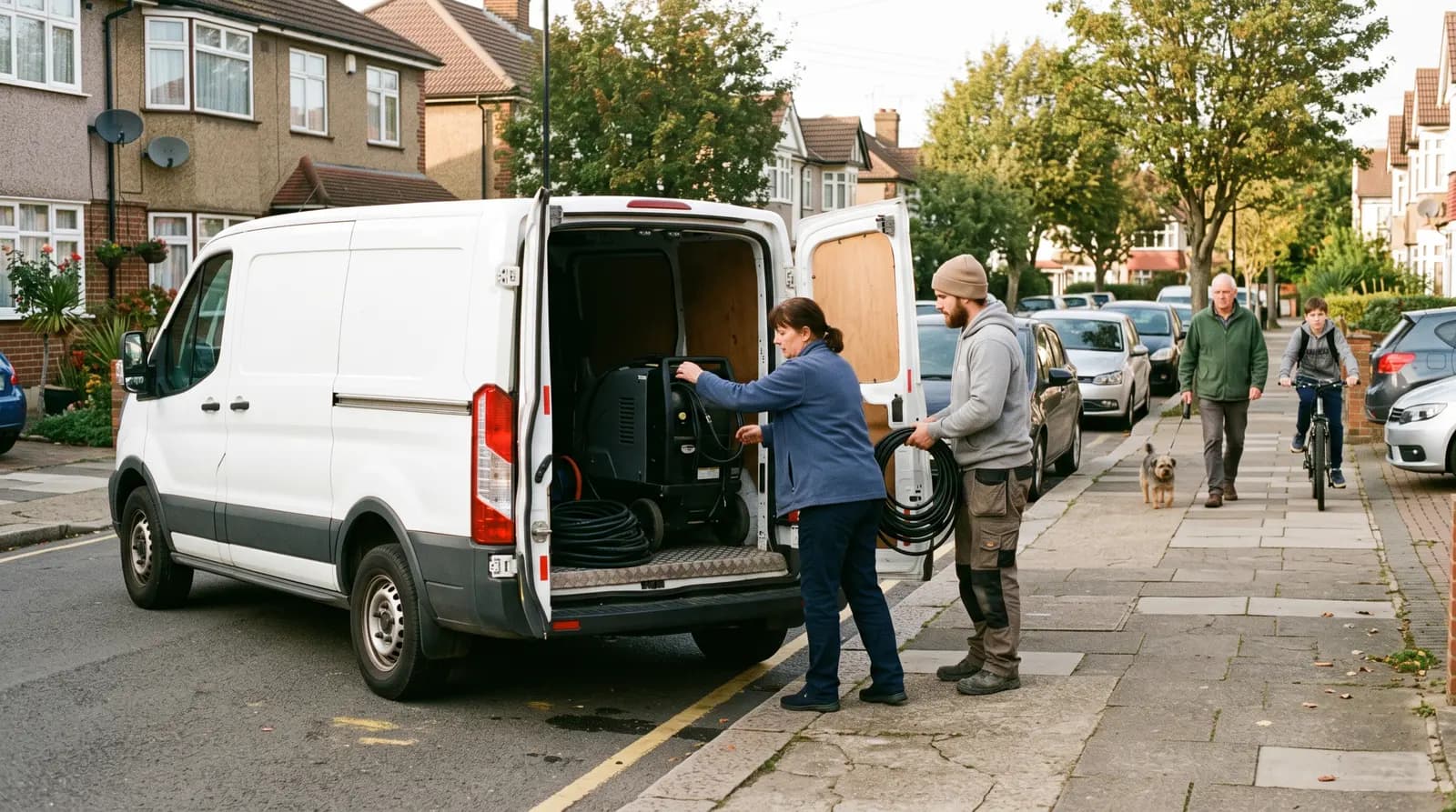 A plain white van parked on a quiet UK residential street, a carpet cleaner lifting a machine from the back