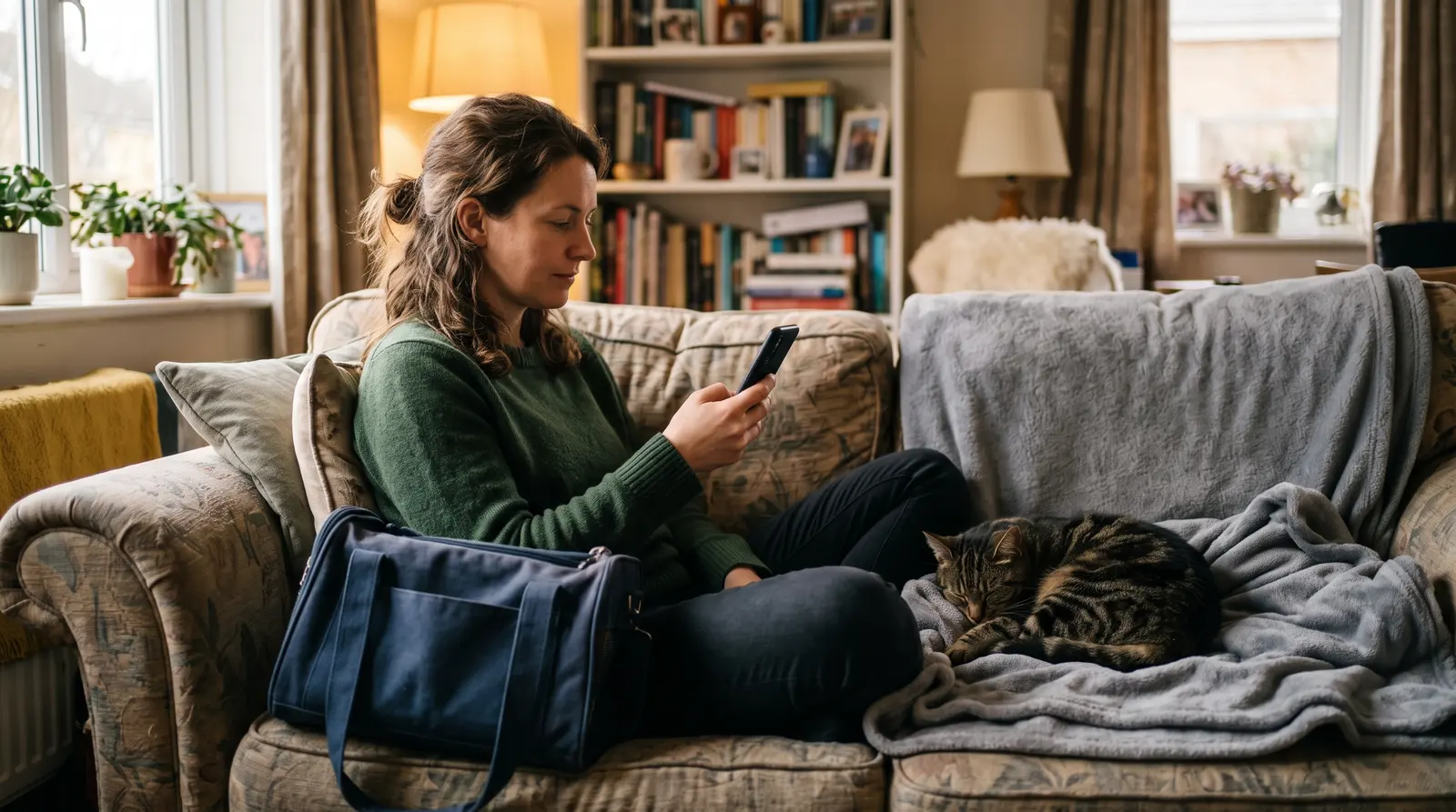 A cat sitter on a sofa with a cat on her lap, checking her phone with a cup of tea