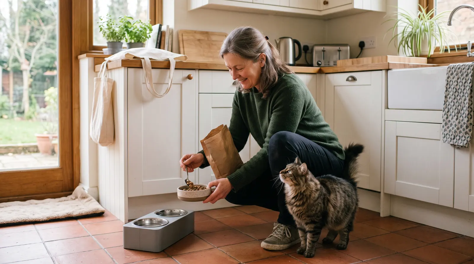 A cat sitter spooning food into a cat’s bowl in a tidy kitchen, the cat winding around her ankles