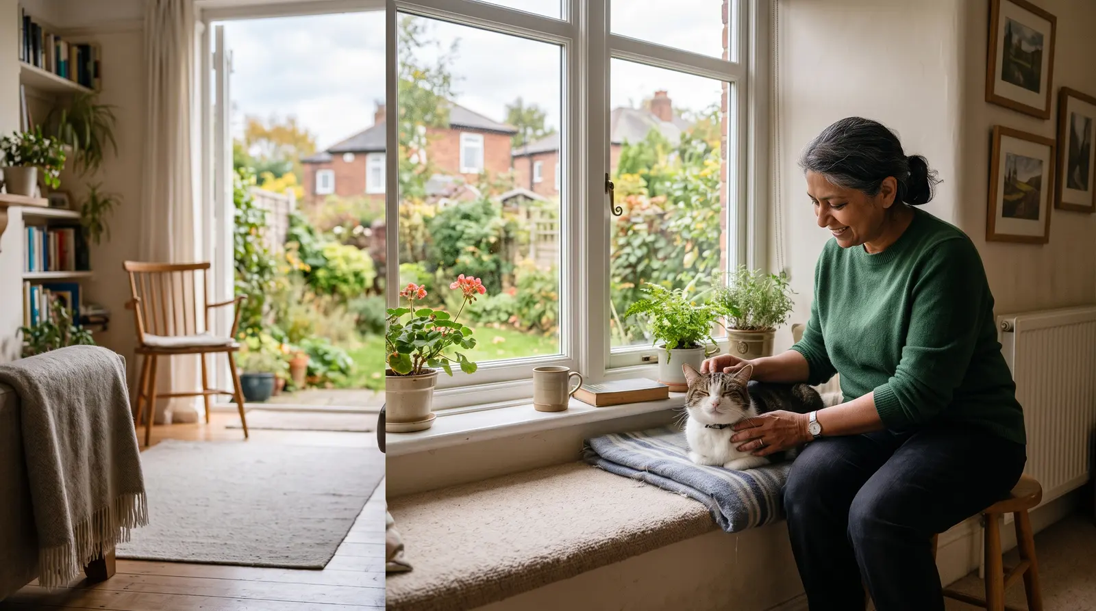 A cat sitter crouching to stroke a contented cat in a bright living room during a drop-in visit