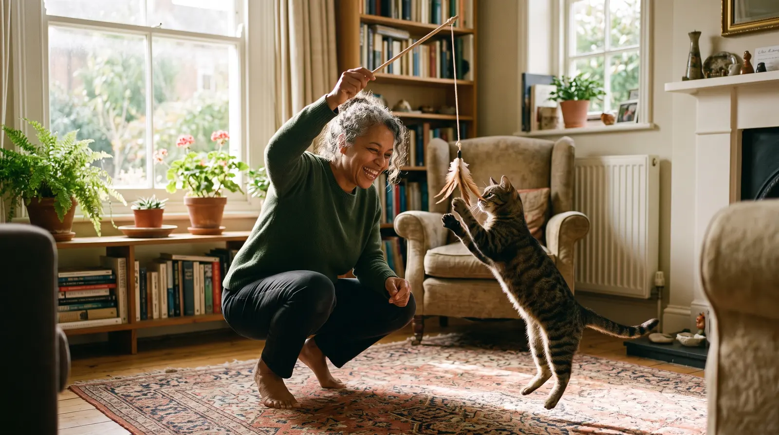 A cat sitter being greeted by a familiar cat that trots over to the door