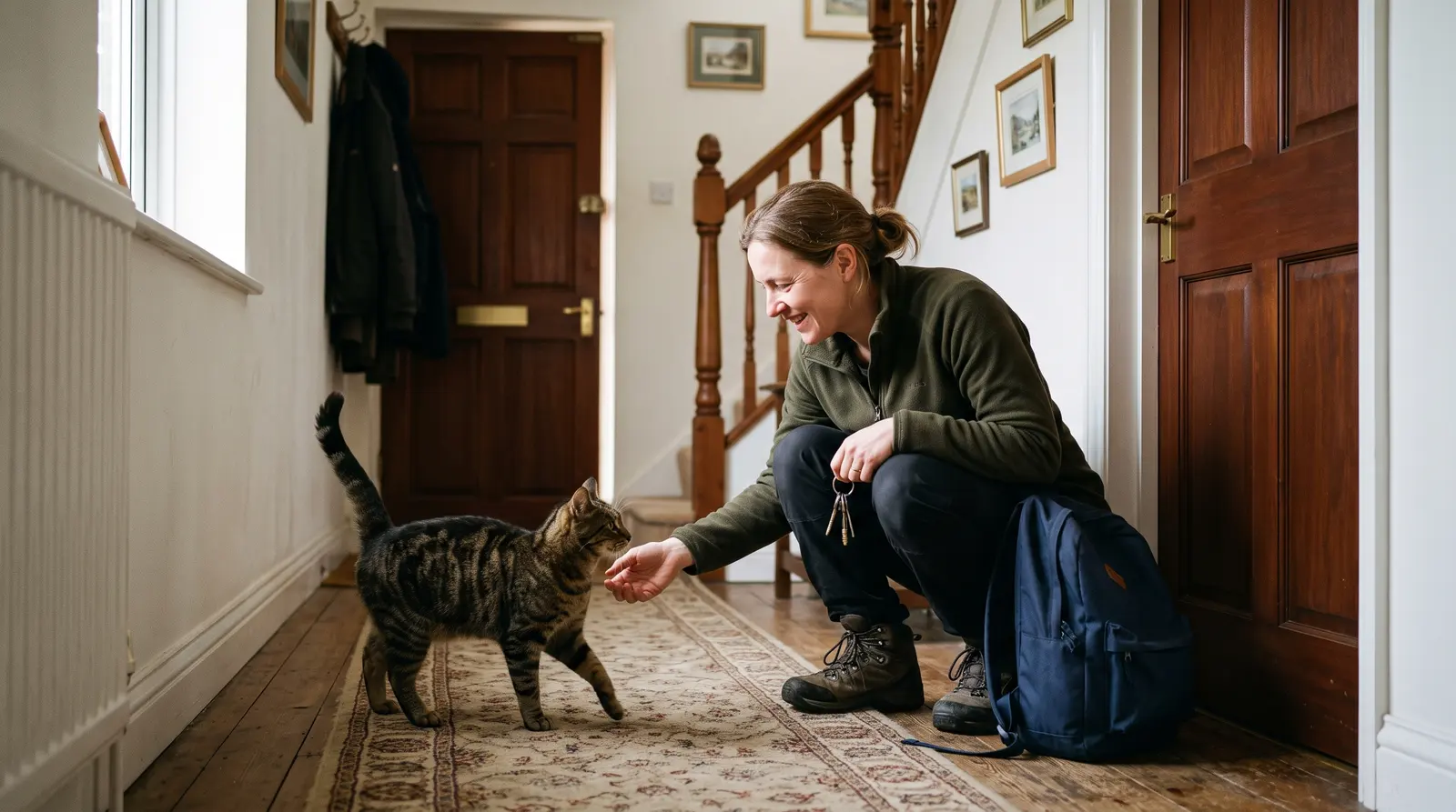 A cat sitter letting herself into a quiet home with a plain key to check on the cat while the owner is away