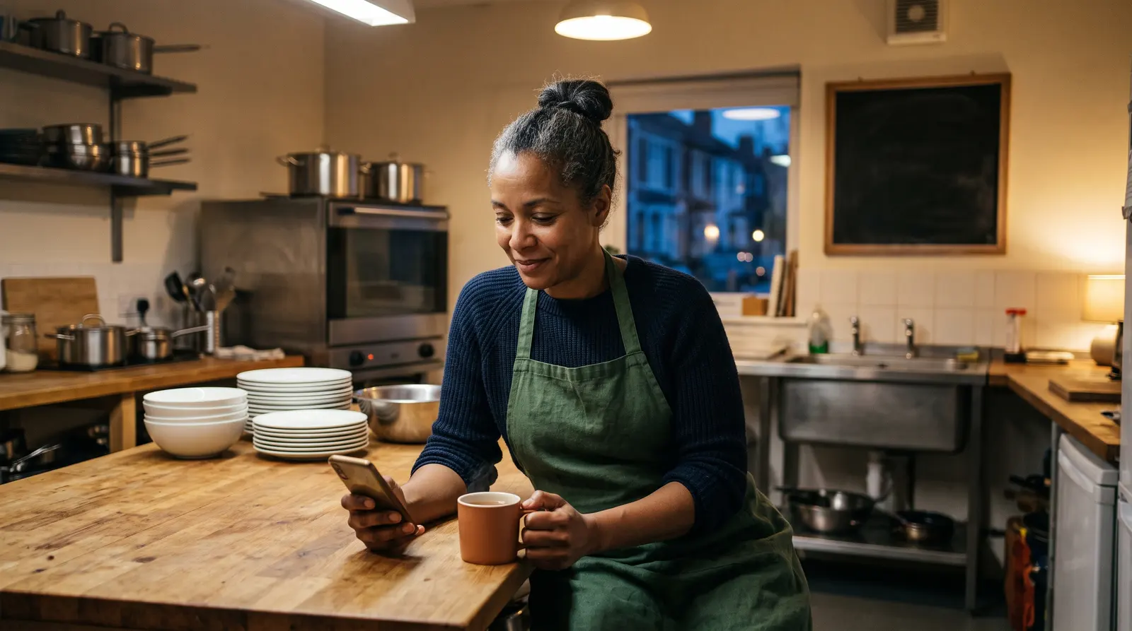 A caterer sending an invoice from a laptop at a kitchen table, a cup of tea beside her