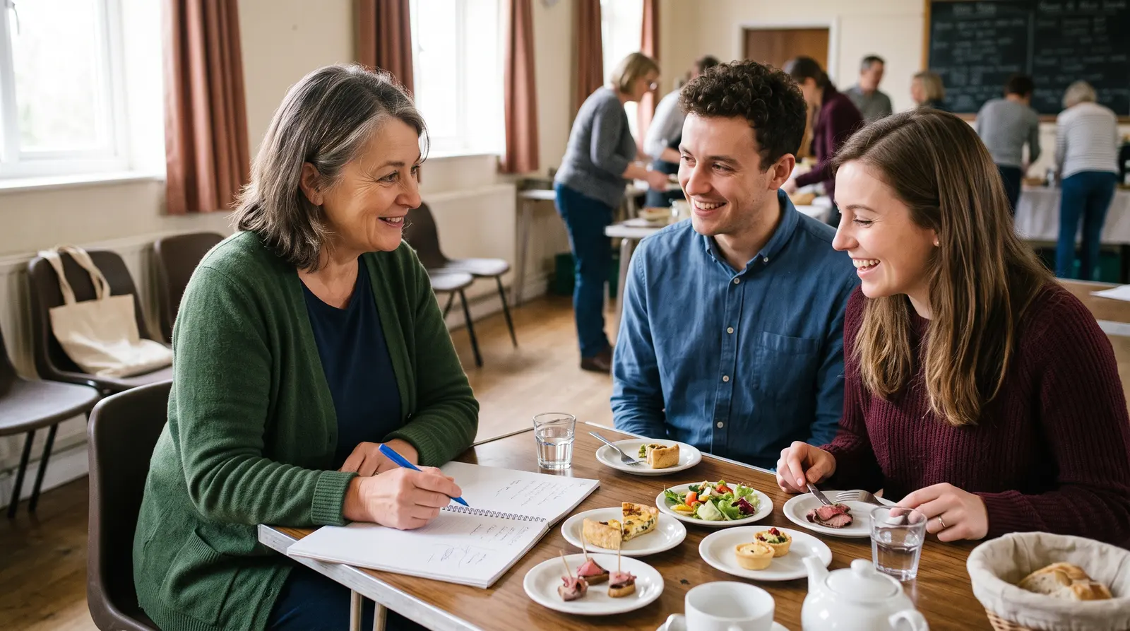 A caterer discussing an event menu with a couple at a table, a plain notepad between them