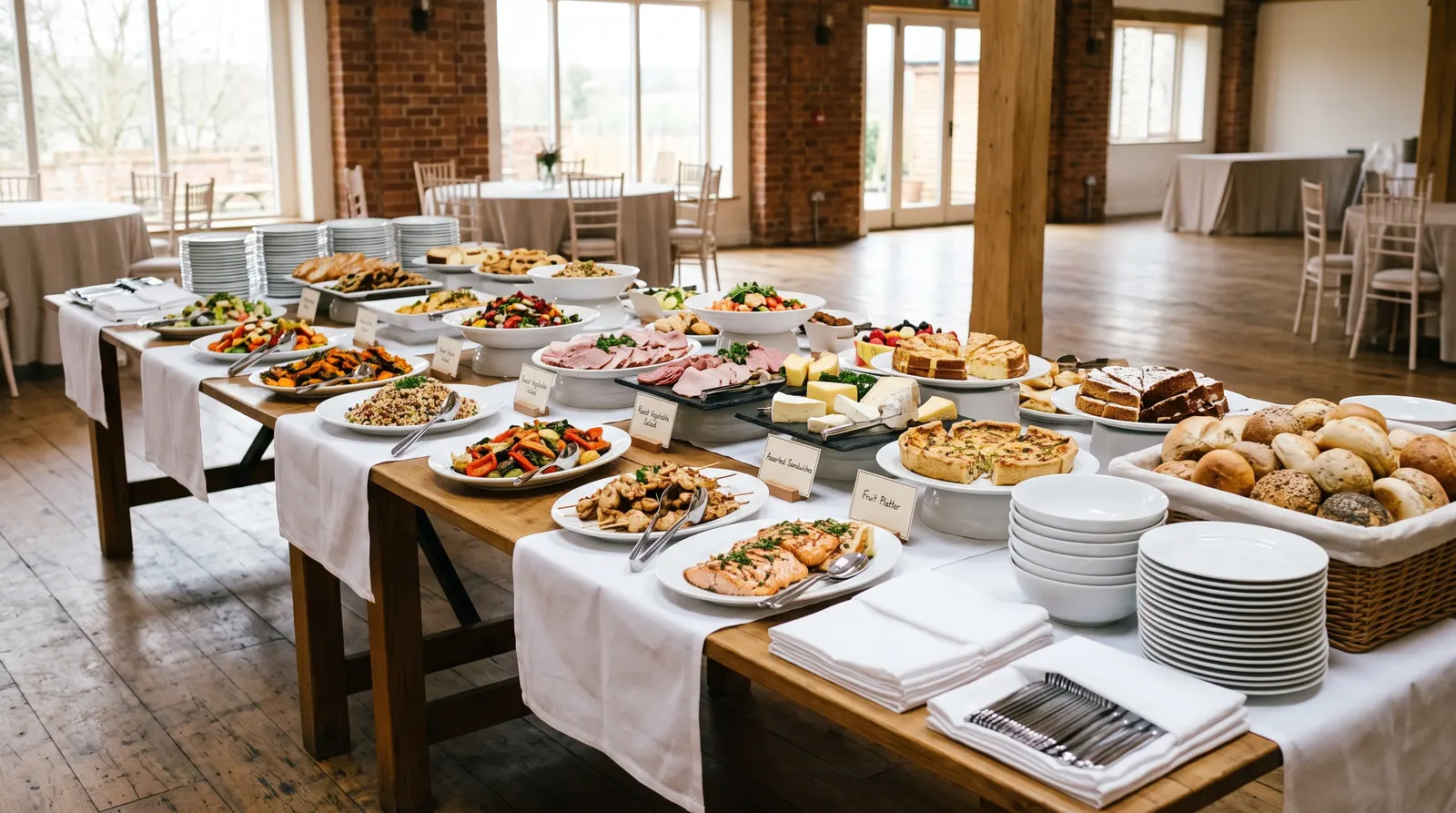 A laid buffet table at a UK event, platters of food ready