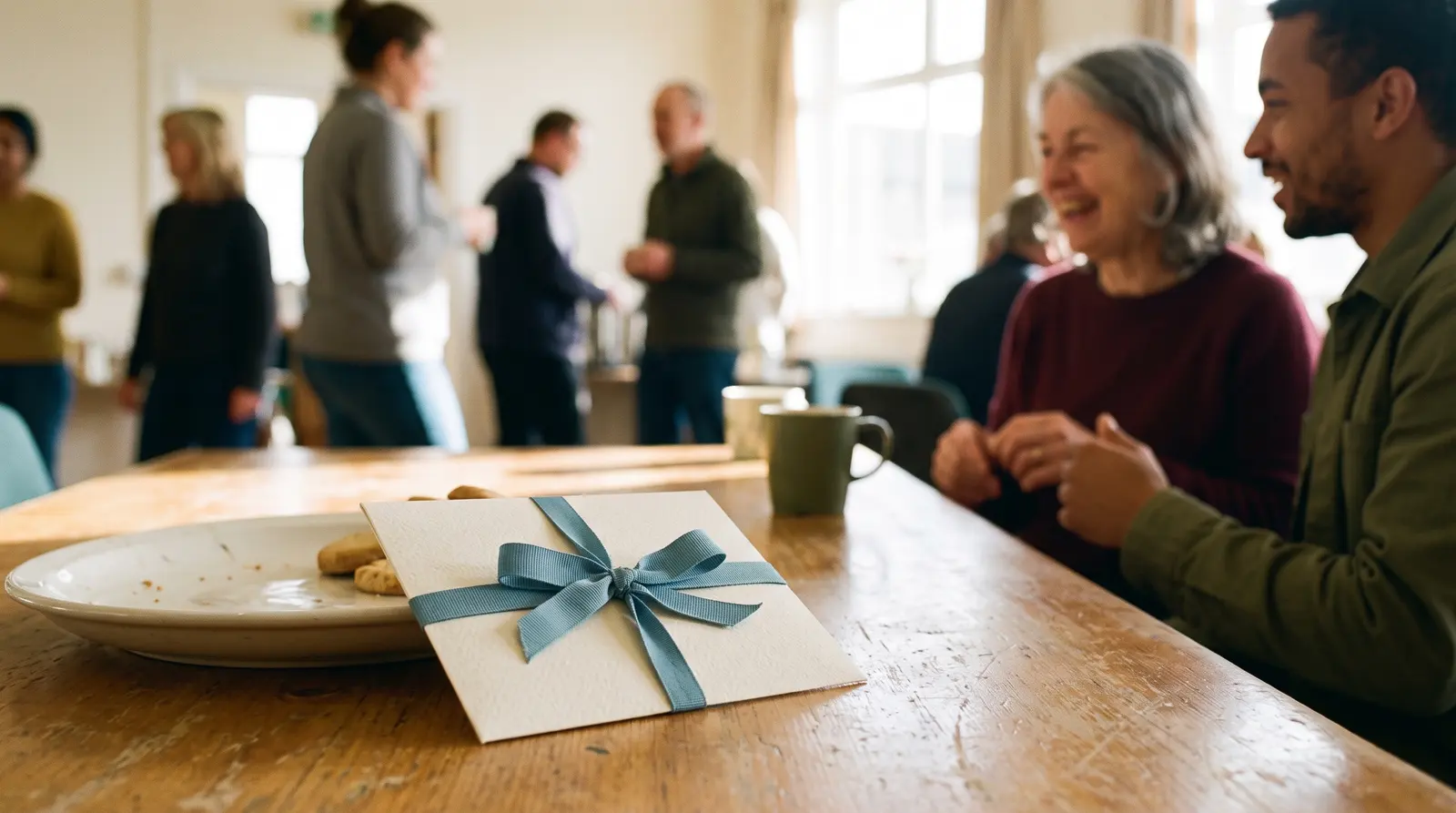 A cream gift envelope tied with a ribbon on a table beside a menu card