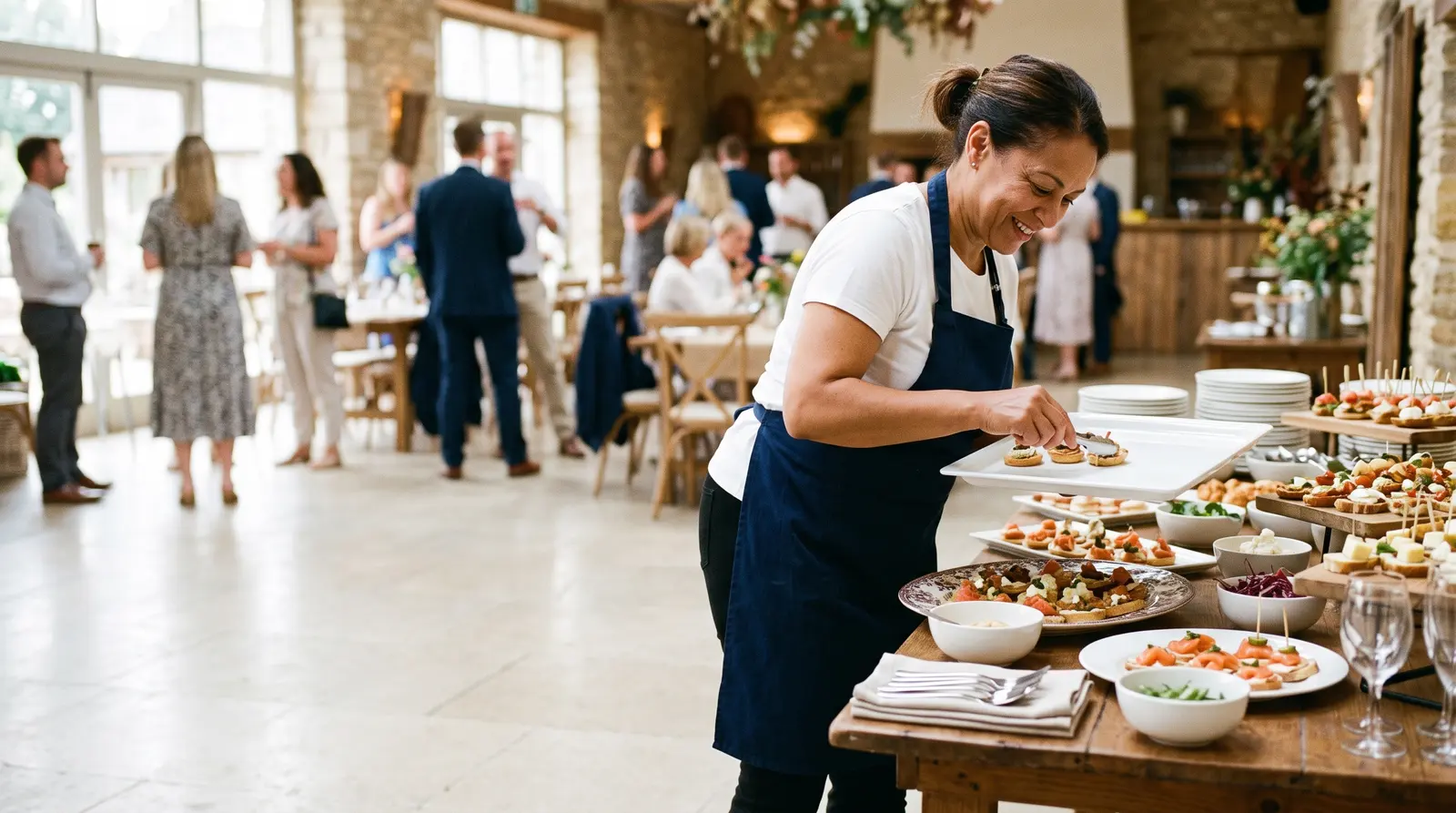 A caterer plating canapés at an event kitchen counter, focused and smiling