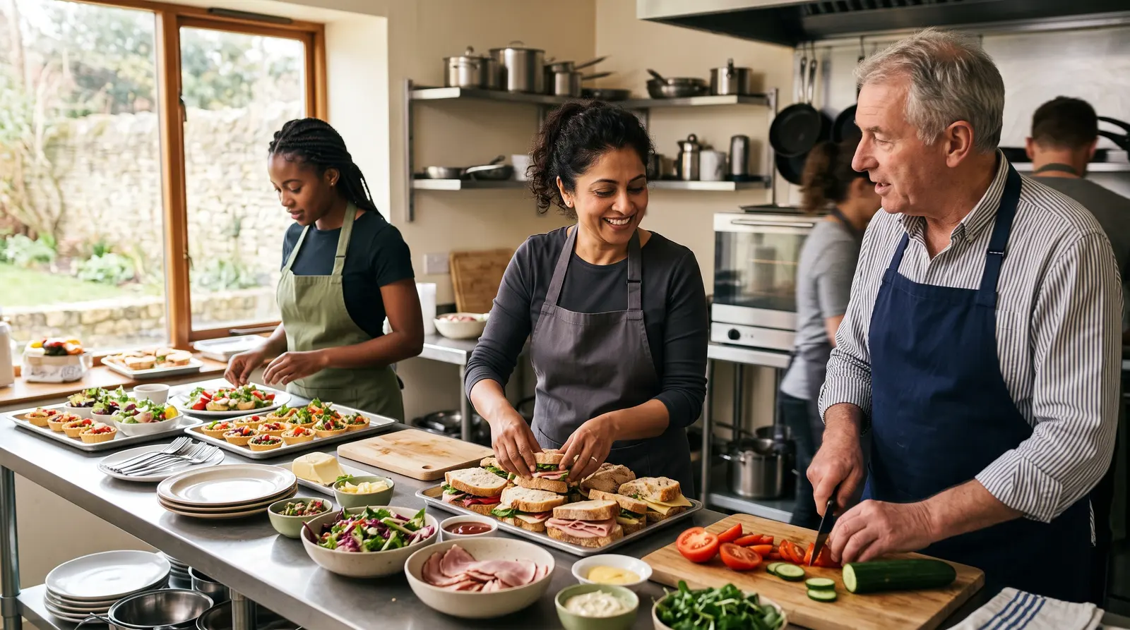 A caterer preparing trays of food in a kitchen before an event