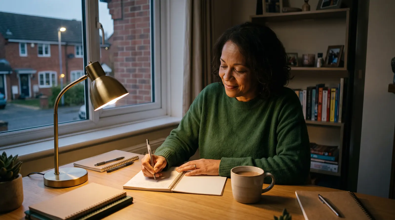 A celebrant at a desk preparing a ceremony, a cup of tea beside her