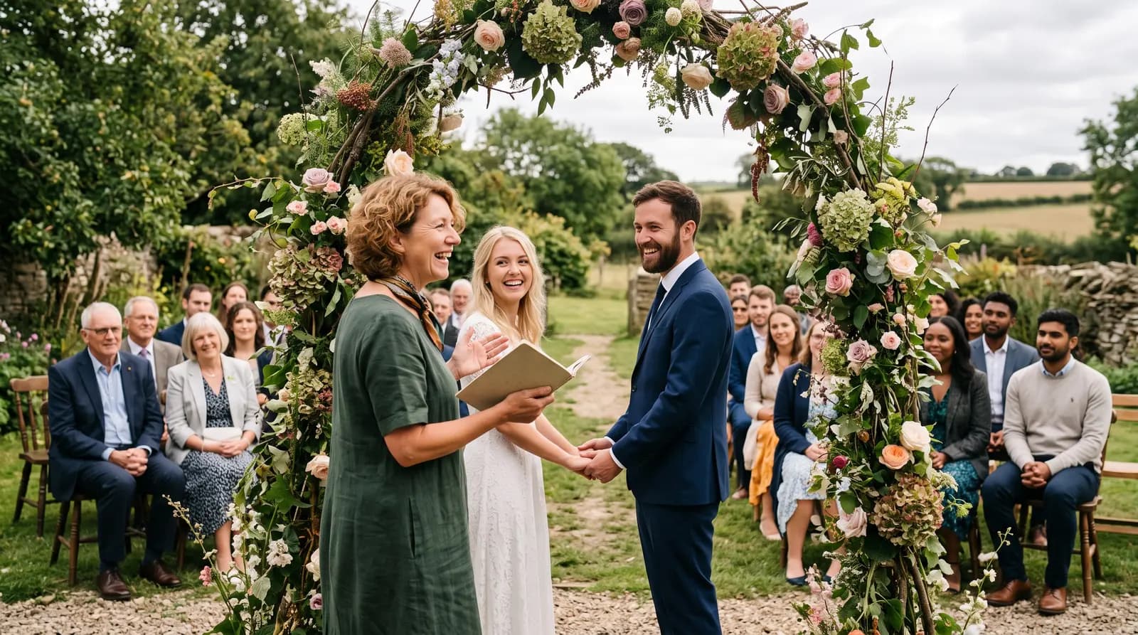 A celebrant leading an outdoor ceremony on a bright day, the couple holding hands