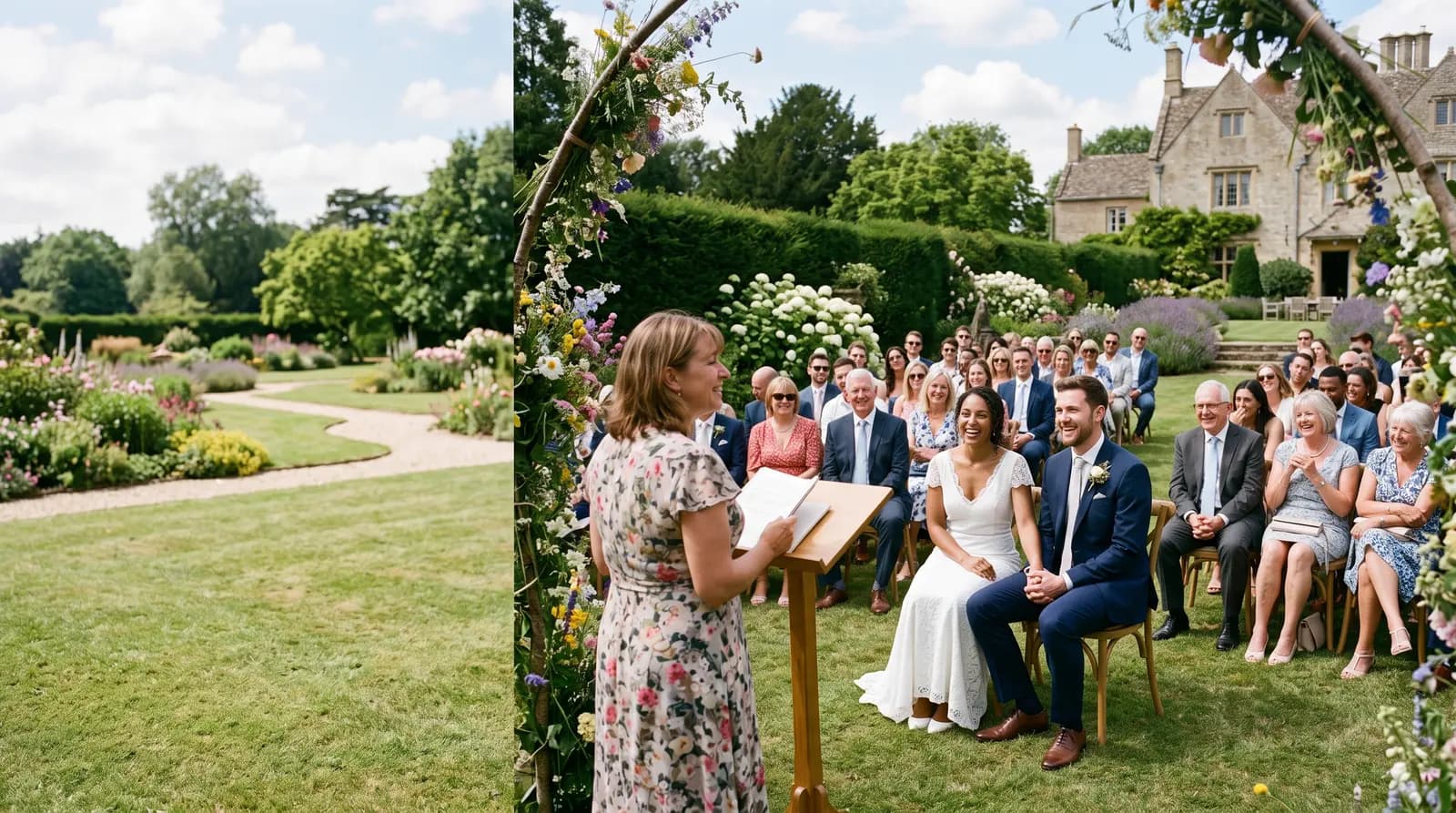 A celebrant conducting an outdoor wedding ceremony for a couple in front of their guests