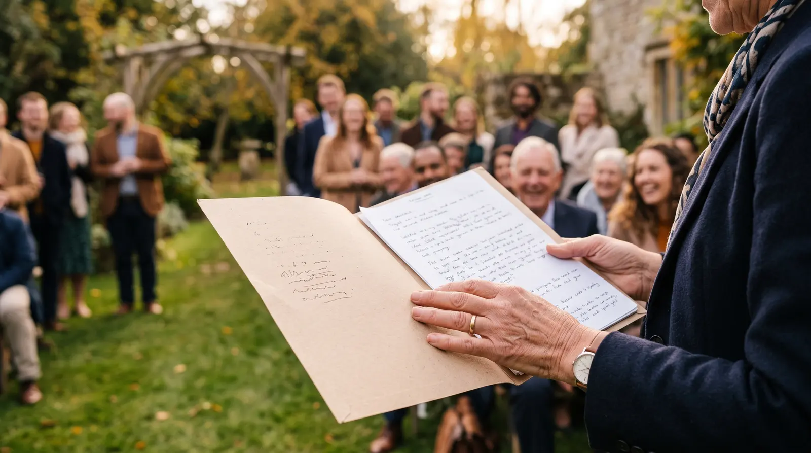 A celebrant writing in a notebook while preparing a ceremony, nothing legible