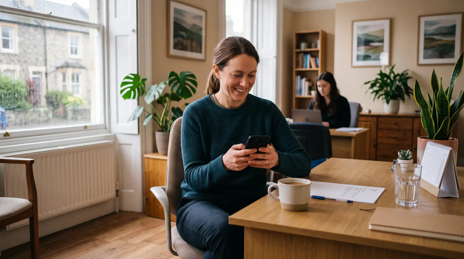 A chiropractor at a tidy desk between clients, checking the phone