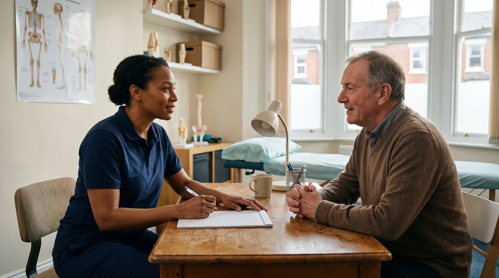 A chiropractor talking through an assessment with a new client at a desk