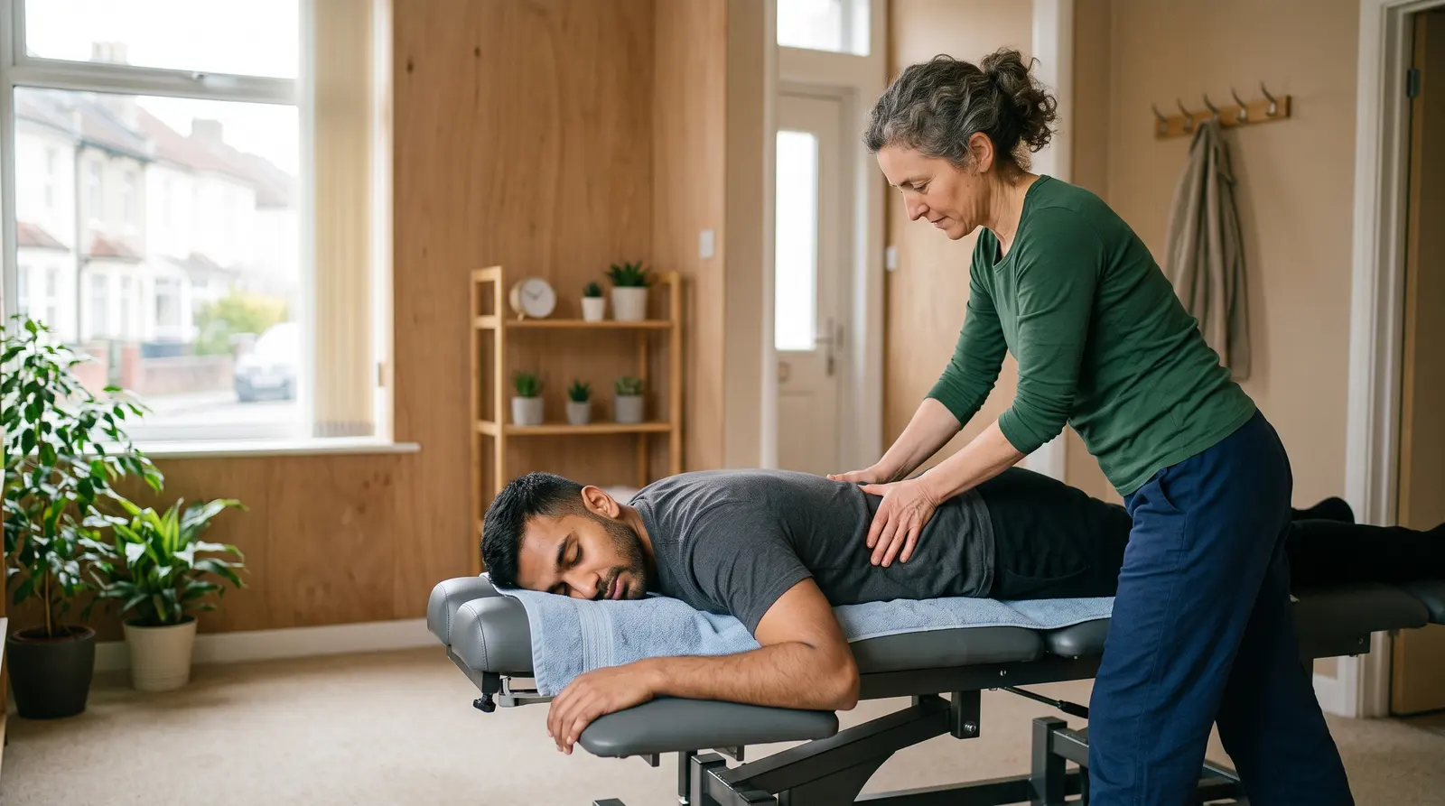 A chiropractor performing a gentle back adjustment on a relaxed client on a specialist couch