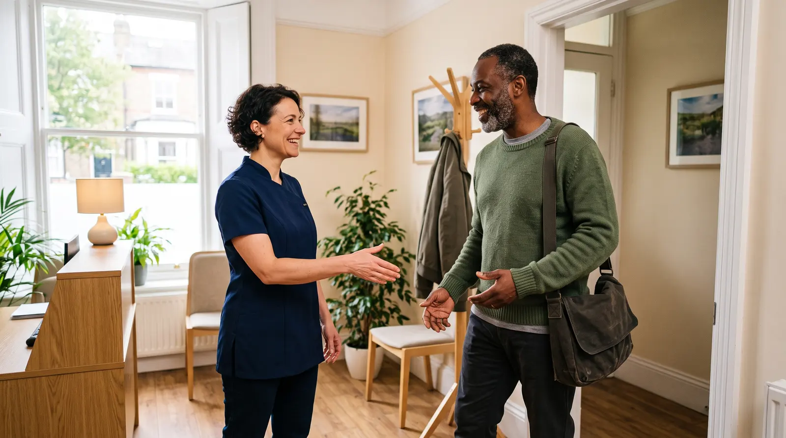 A chiropractor welcoming a returning client into a bright clinic room