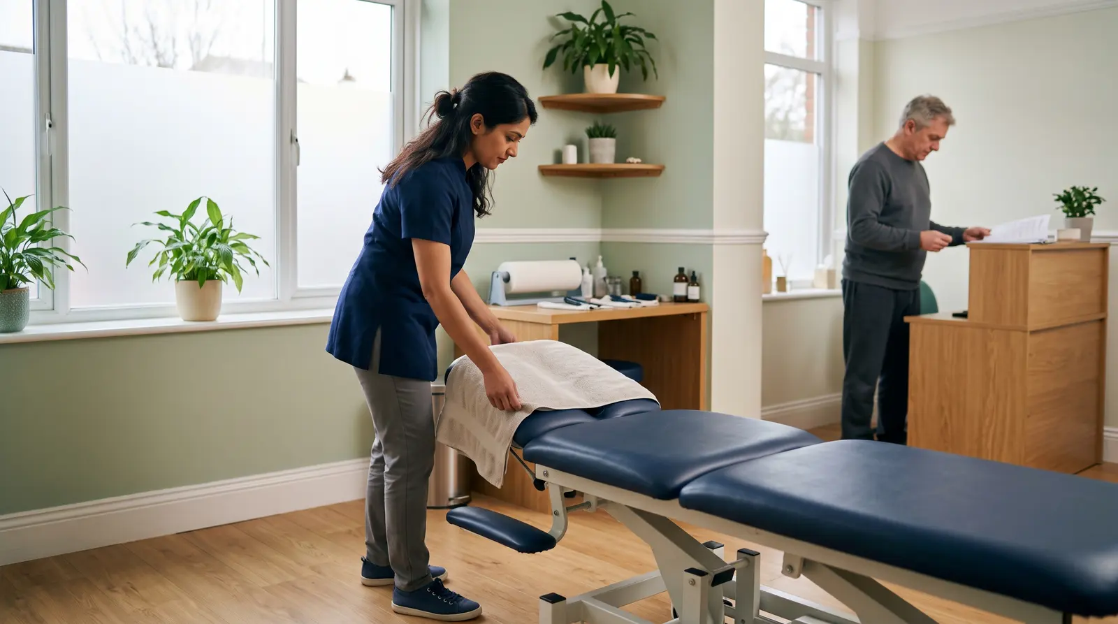 A chiropractor preparing a specialist adjustment couch in a bright clinic room