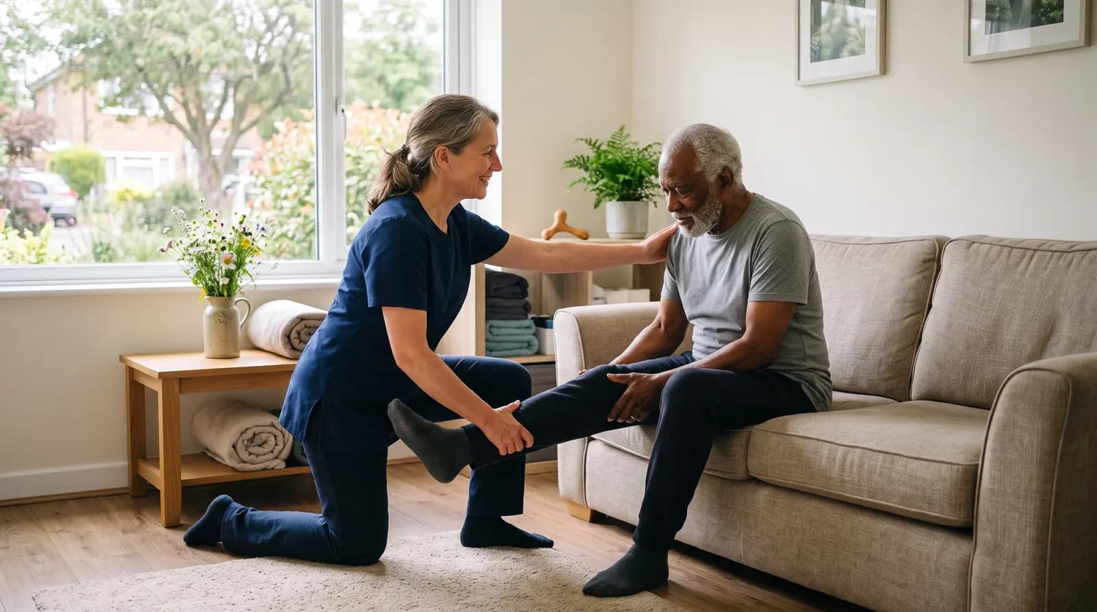 A chiropractor guiding a client through a gentle mobility stretch beside the couch