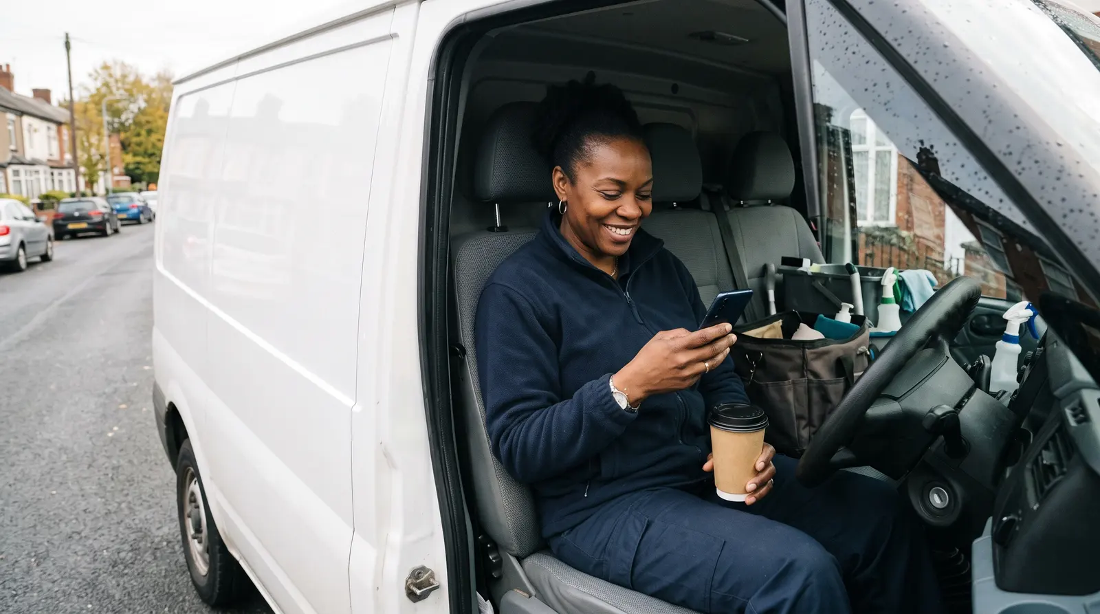 A cleaner sitting in her van with a coffee, checking her phone between jobs