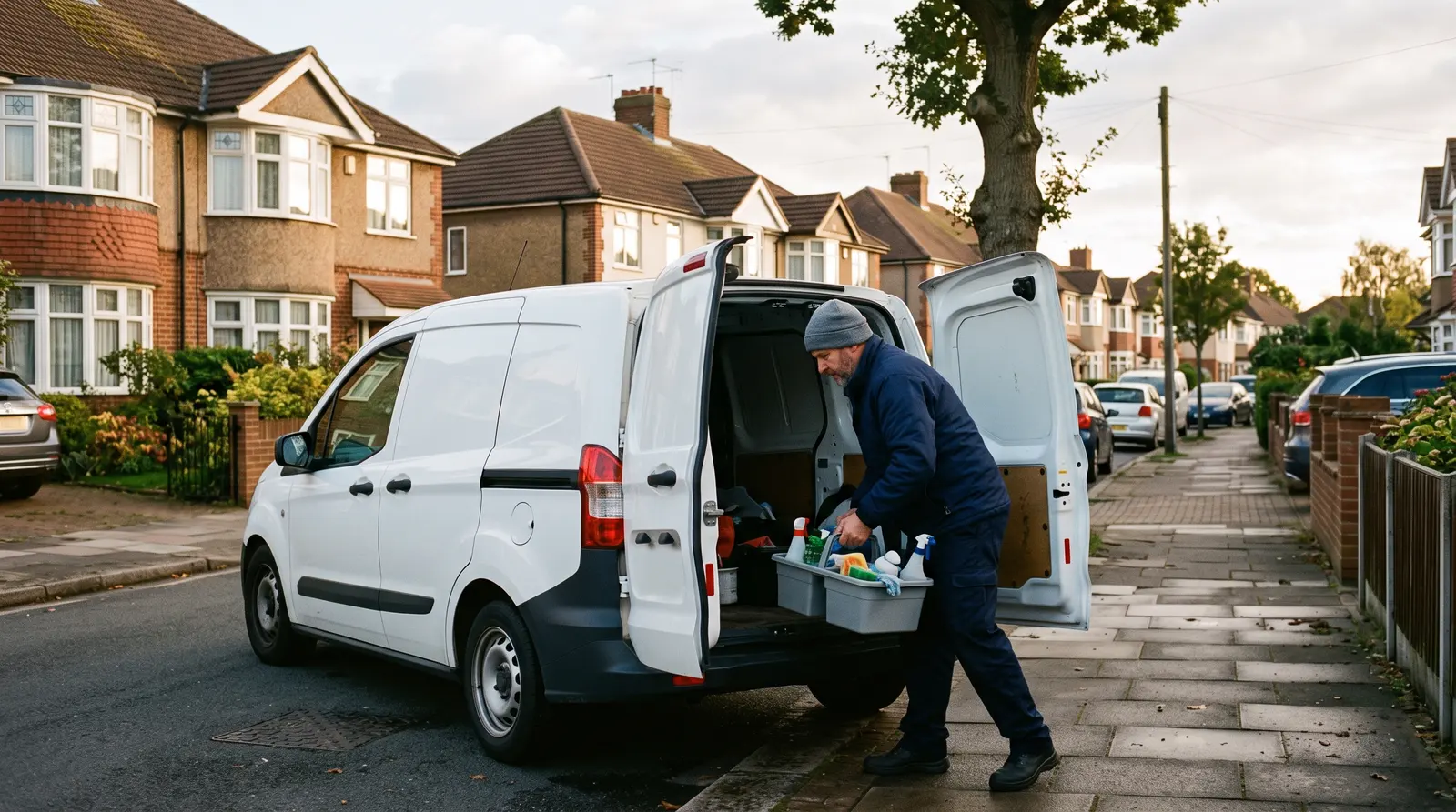 A cleaner lifting a caddy out of a van on a residential street