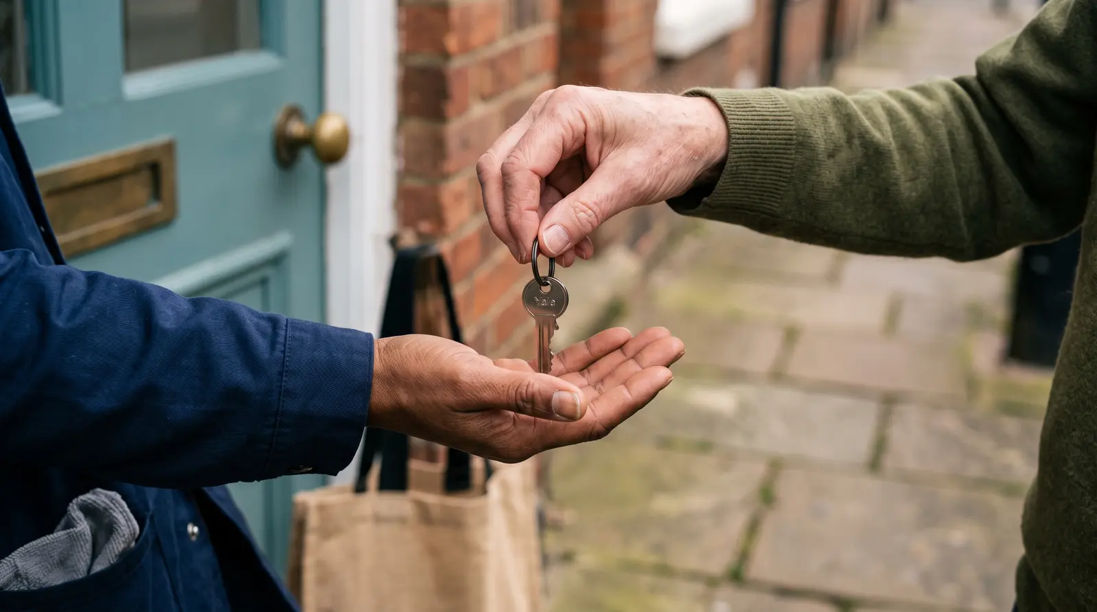 A cleaner checking her phone on a doorstep before a visit