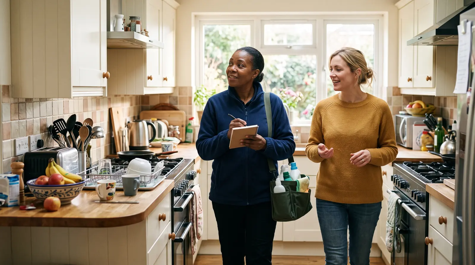 A cleaner talking through a one-off job with a homeowner at the door
