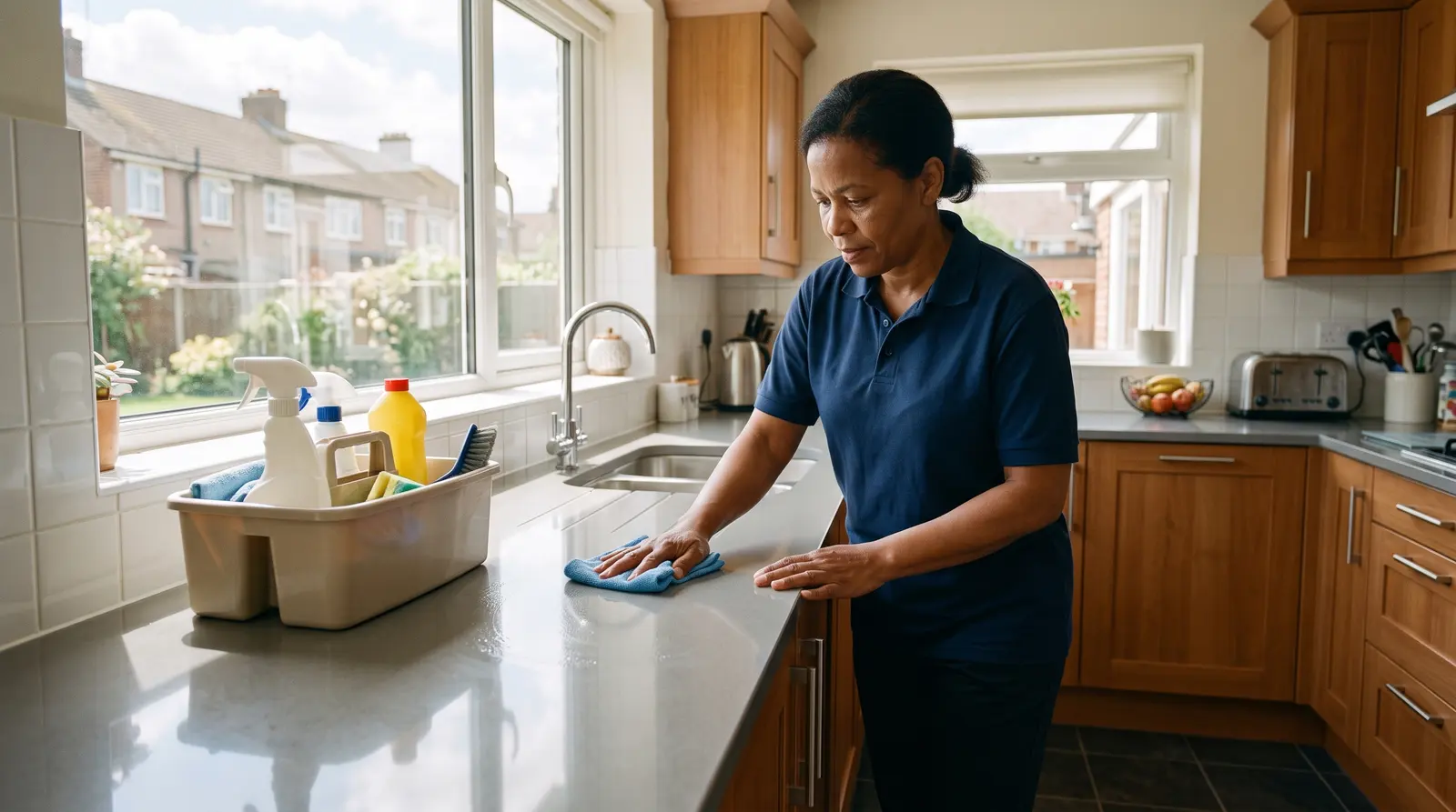 A cleaner wiping down a gleaming kitchen worktop