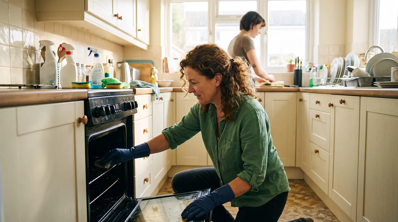 A cleaner deep-cleaning a kitchen, sleeves rolled up