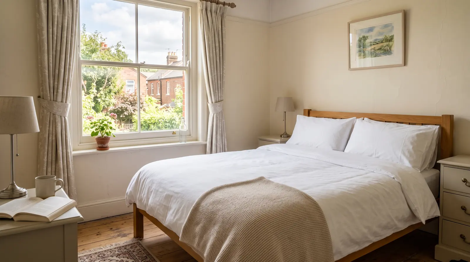 A cleaner tidying a bright living room on a regular visit