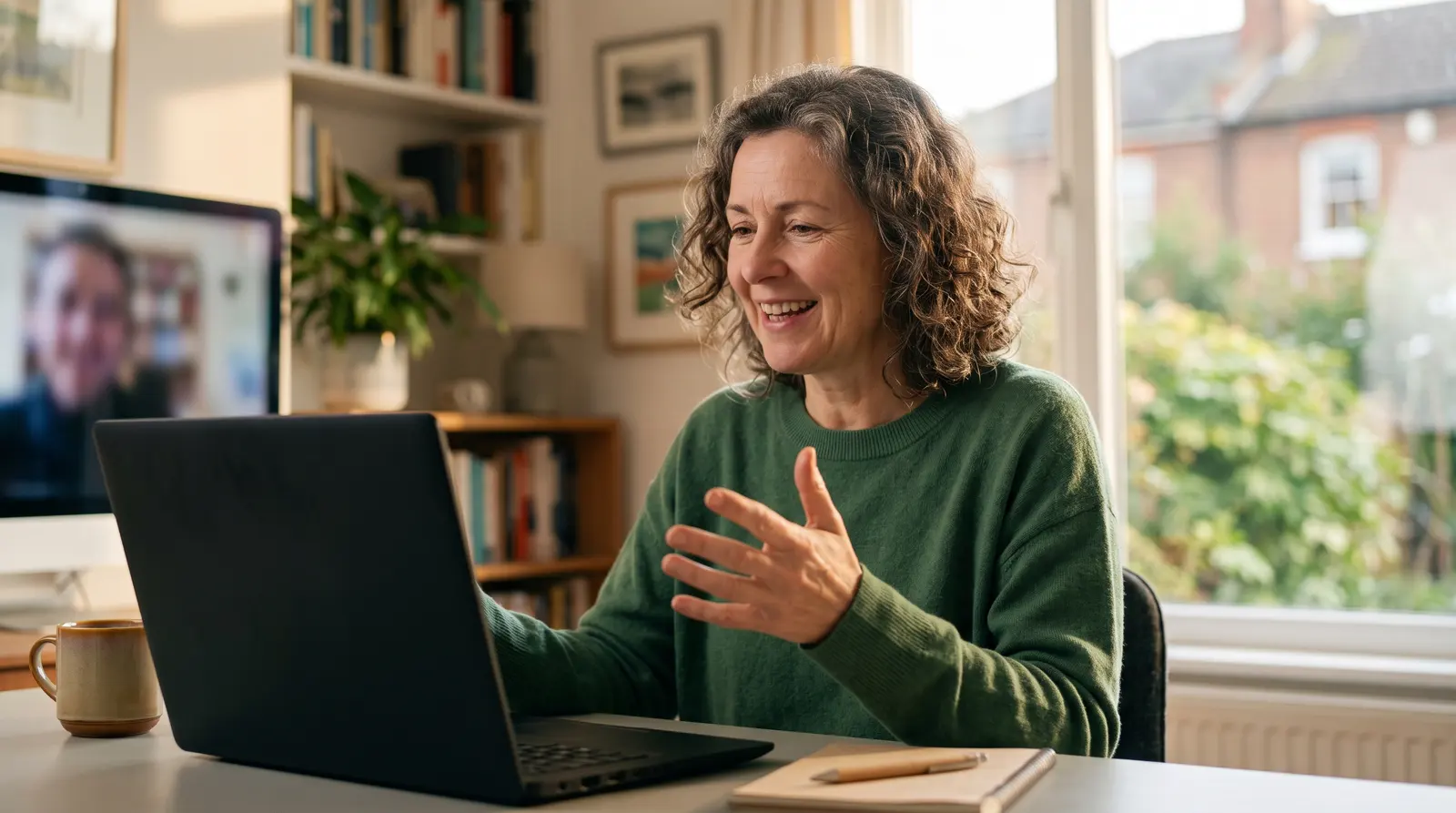A consultant on a video call at her desk, the screen angled away, mid conversation