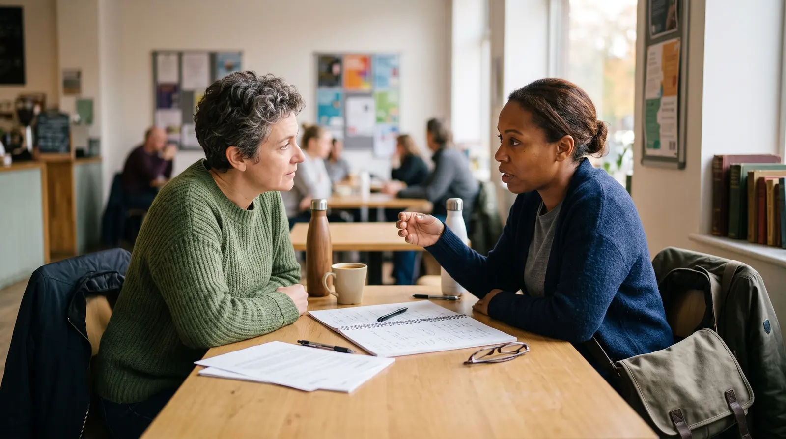 A consultant talking through a plan with a client across a table in a calm meeting room
