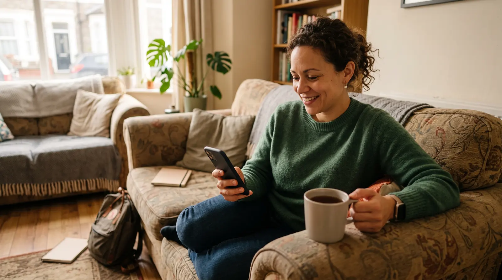 A copywriter checking her phone on a break with a cup of tea