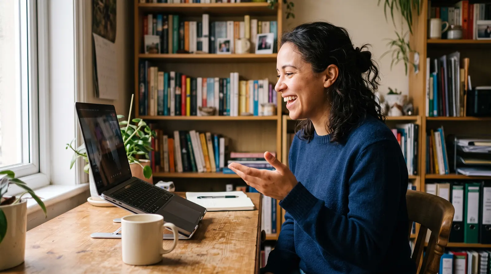 A copywriter on a friendly video call at her desk, the screen angled away