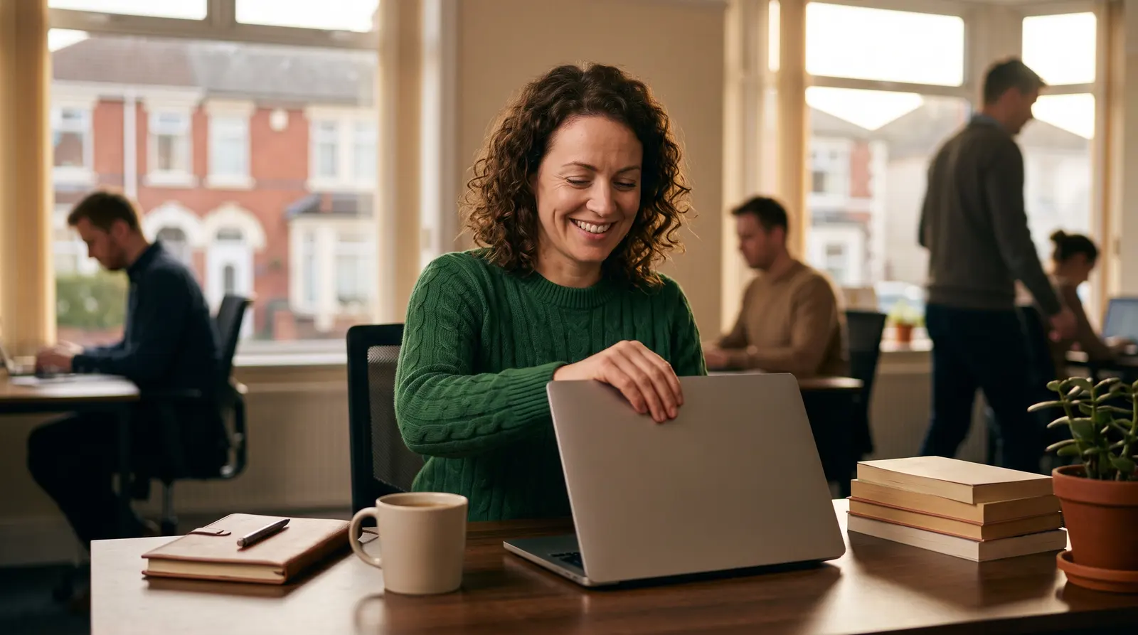 A copywriter closing her laptop with a satisfied smile, a coffee beside her