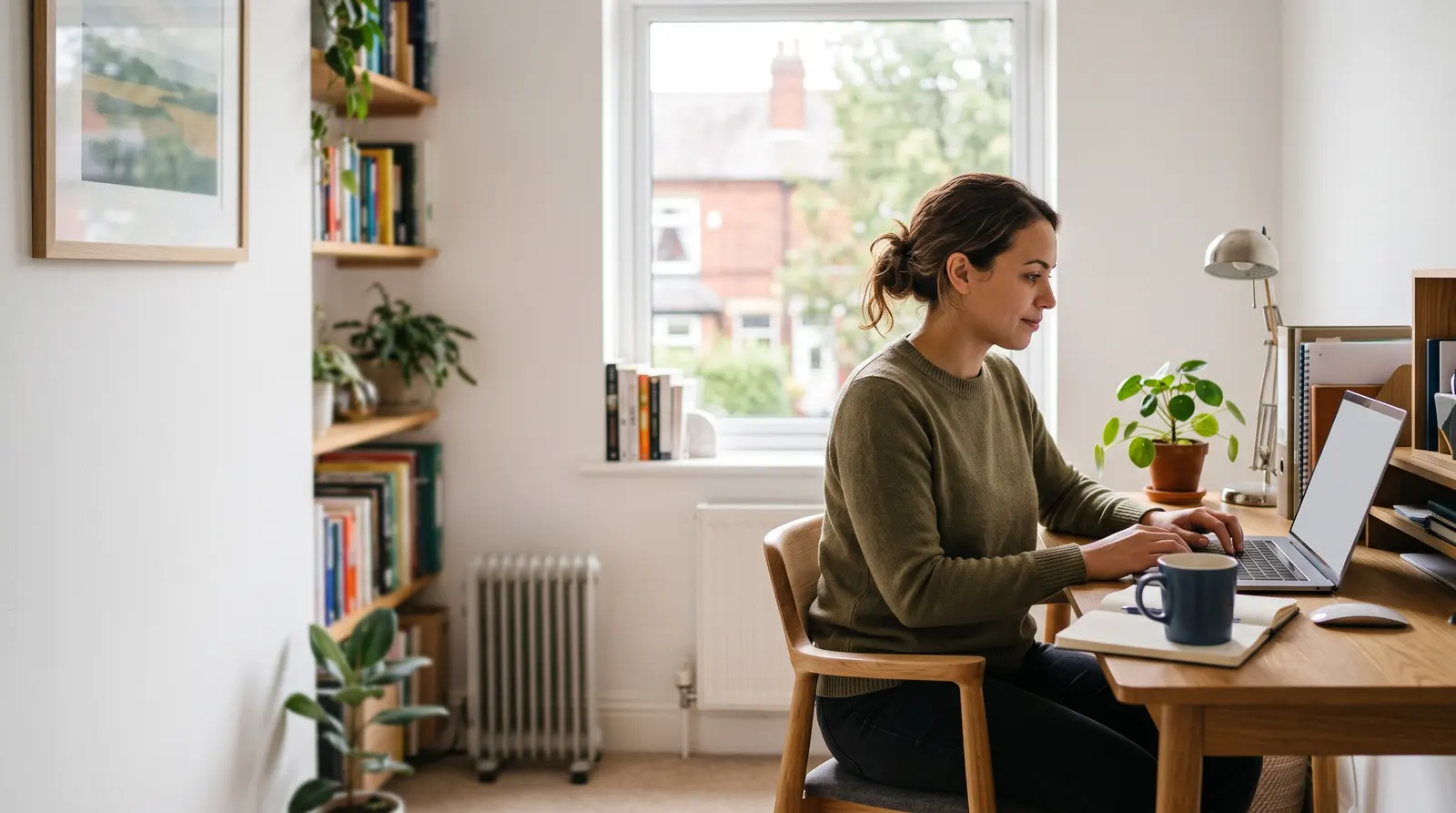 A copywriter working at a laptop in a tidy, sunny home office, relaxed