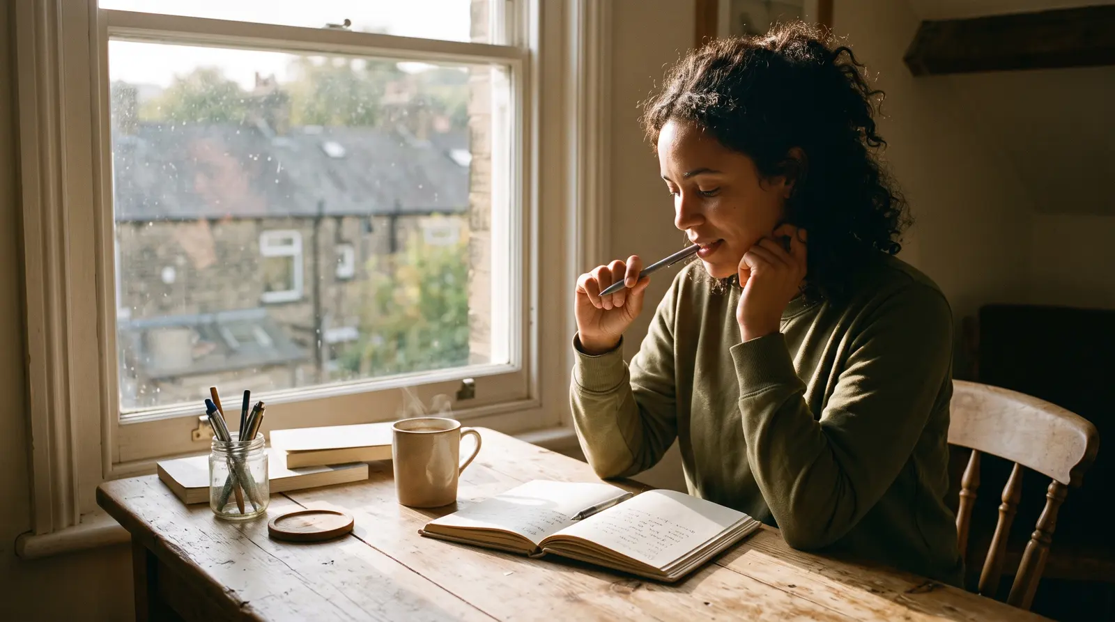 A copywriter writing notes in a notebook at a desk by a window